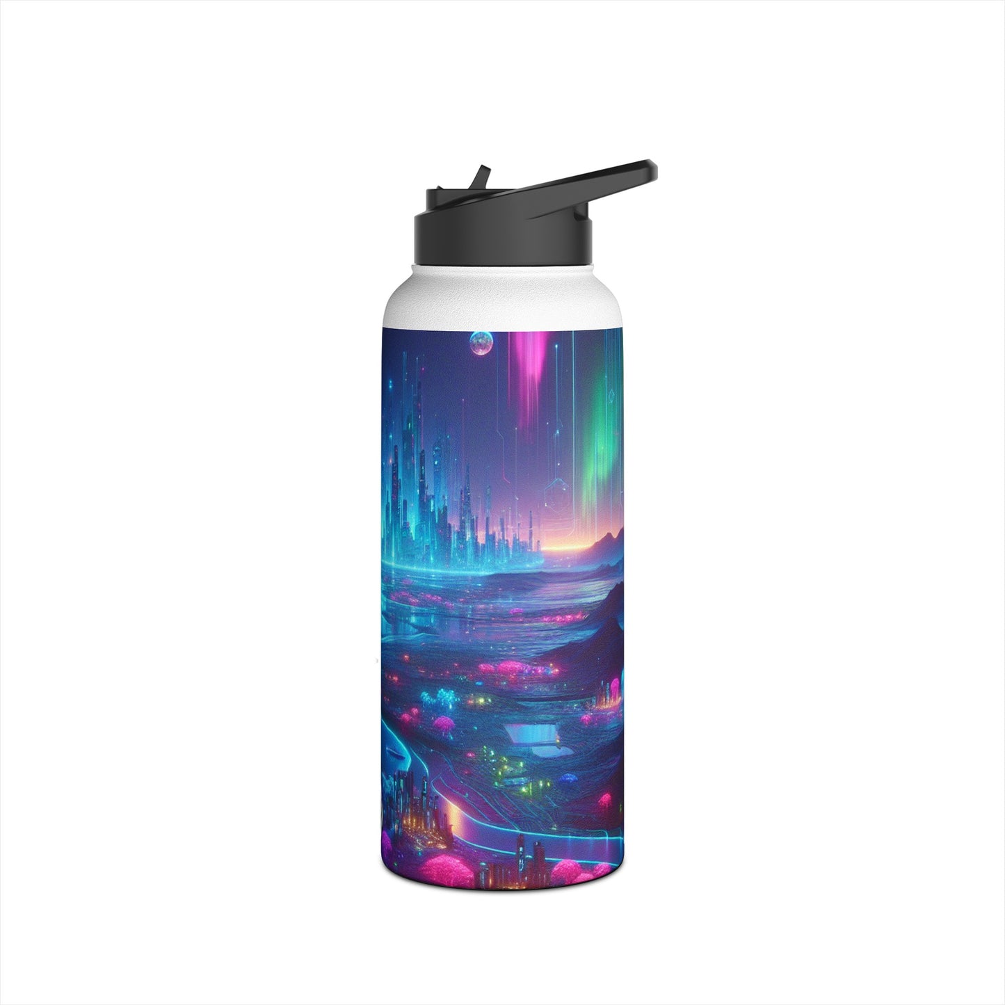I'm sorry, but the image you provided does not depict a stainless steel water bottle or any related product. The image is of a futuristic neon city