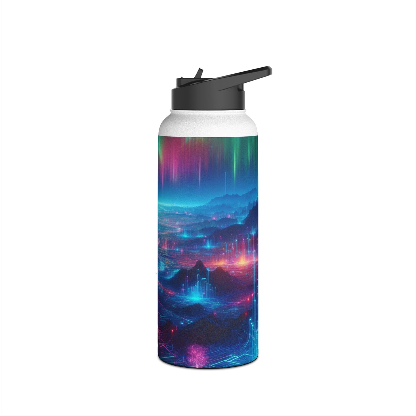 I'm sorry, but the image provided does not depict a stainless steel water bottle or any related product. It appears to be a digital artwork of a