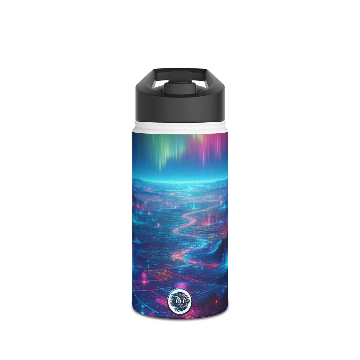 I'm sorry, but the image provided does not depict a stainless steel water bottle or any related product. It appears to be a digital artwork of a