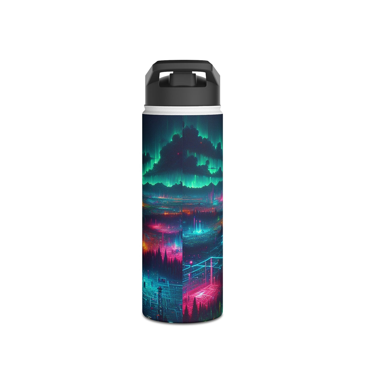 I'm sorry, but the image provided does not depict a stainless steel water bottle or any related product. It appears to be a digital artwork of a