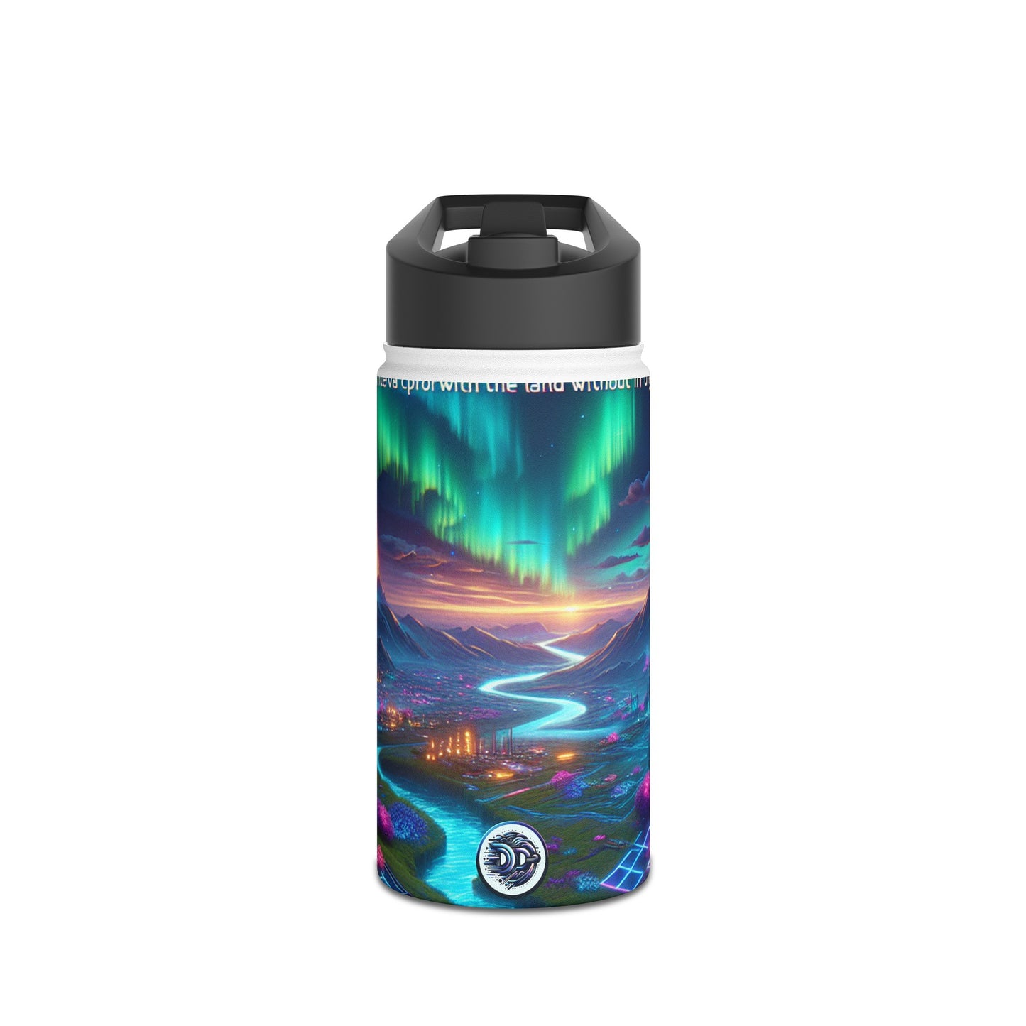 I'm sorry, but it seems there has been a misunderstanding. The image provided is not of a stainless steel water bottle, but rather a digital artwork