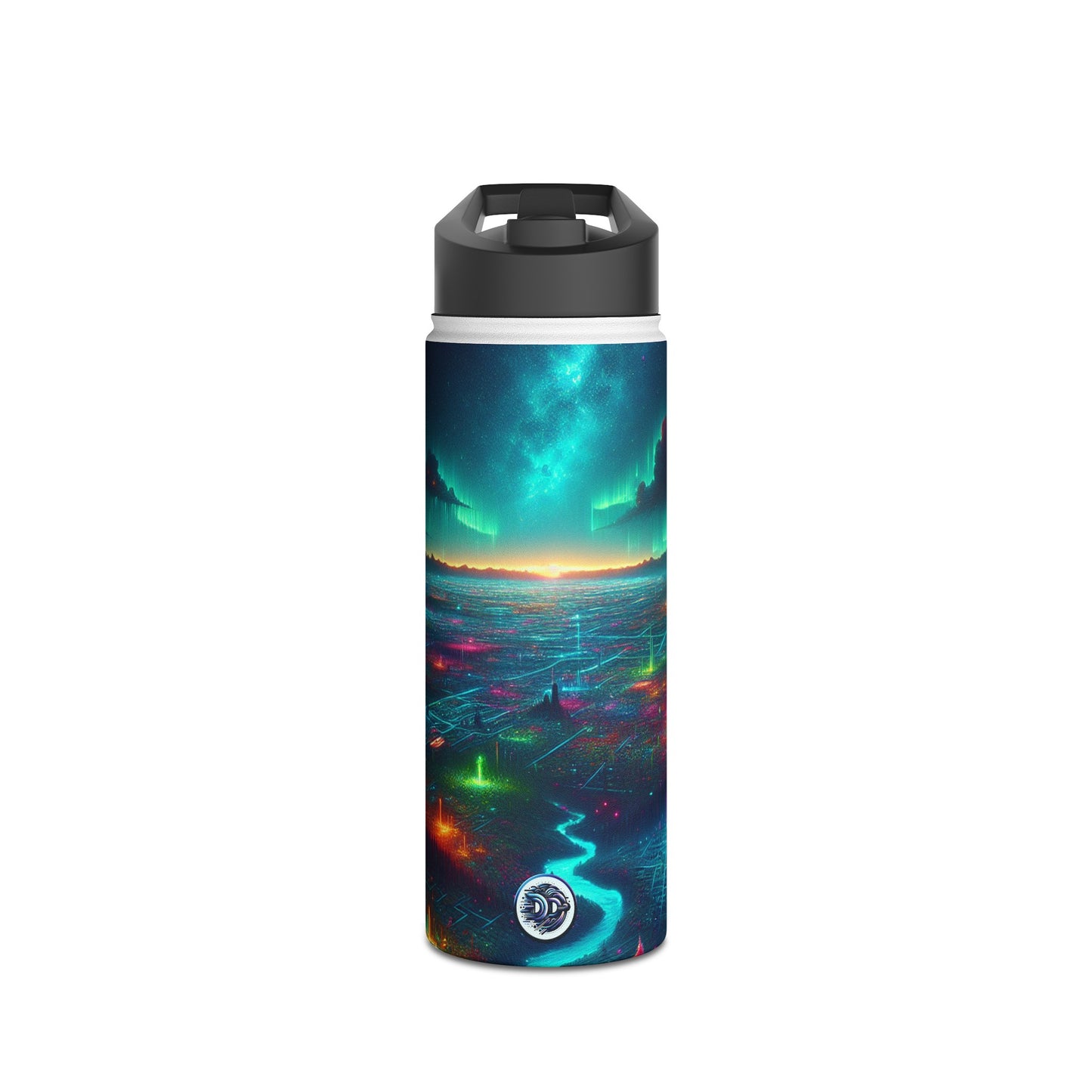 I'm sorry, but the image provided does not depict a stainless steel water bottle or any related product. It appears to be a digital artwork of a