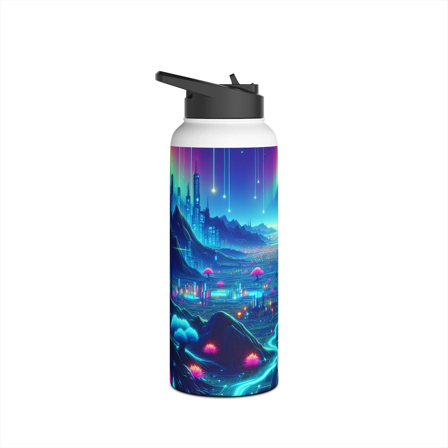 I'm sorry, but the image provided does not depict a stainless steel water bottle or any related product. It appears to be a vibrant digital artwork of
