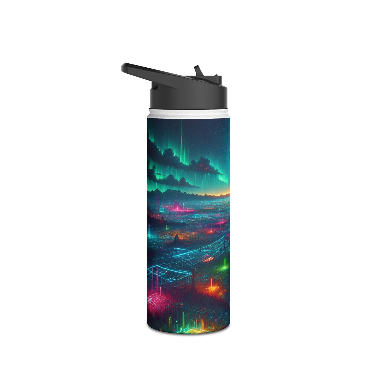 I'm sorry, but the image provided does not depict a stainless steel water bottle or any related product. It appears to be a digital artwork of a