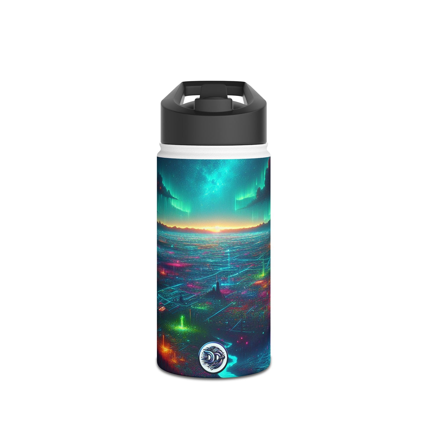 I'm sorry, but the image provided does not depict a stainless steel water bottle or any related product. It appears to be a digital artwork of a