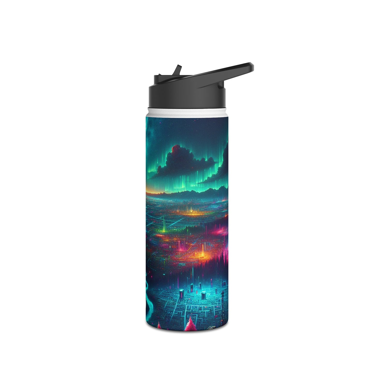 I'm sorry, but the image provided does not depict a stainless steel water bottle or any related product. It appears to be a digital artwork of a
