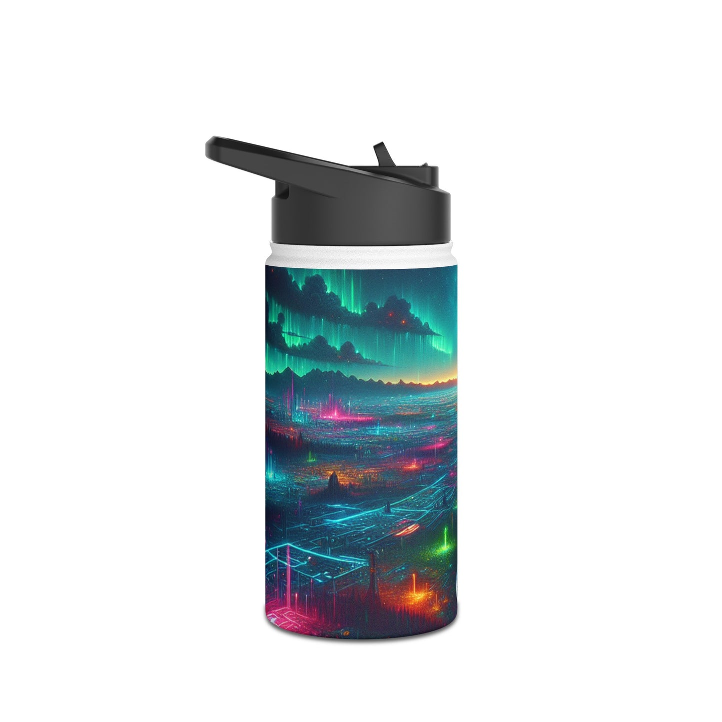 I'm sorry, but the image provided does not depict a stainless steel water bottle or any related product. It appears to be a digital artwork of a