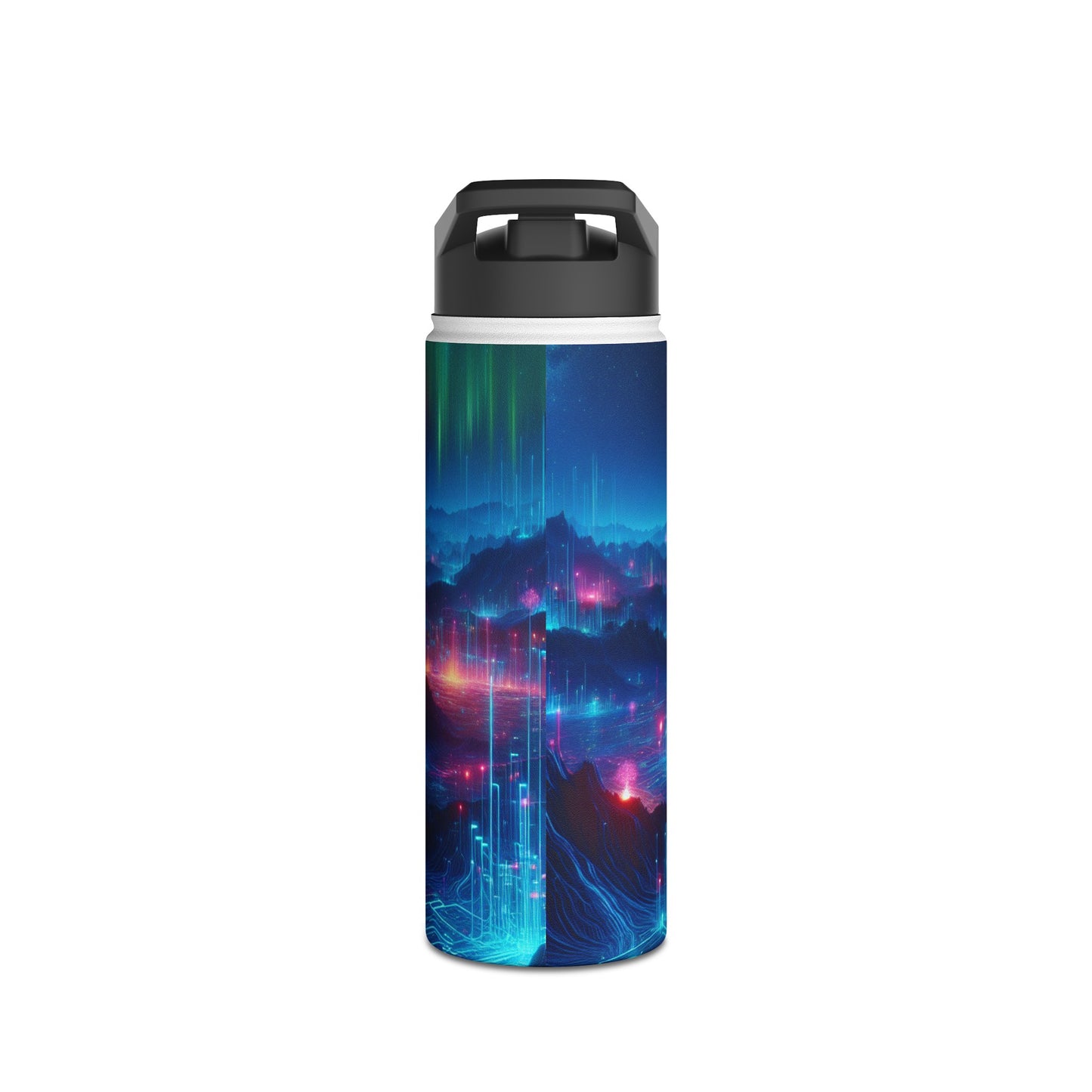 I'm sorry, but the image provided does not depict a stainless steel water bottle or any related product. It appears to be a digital artwork of a