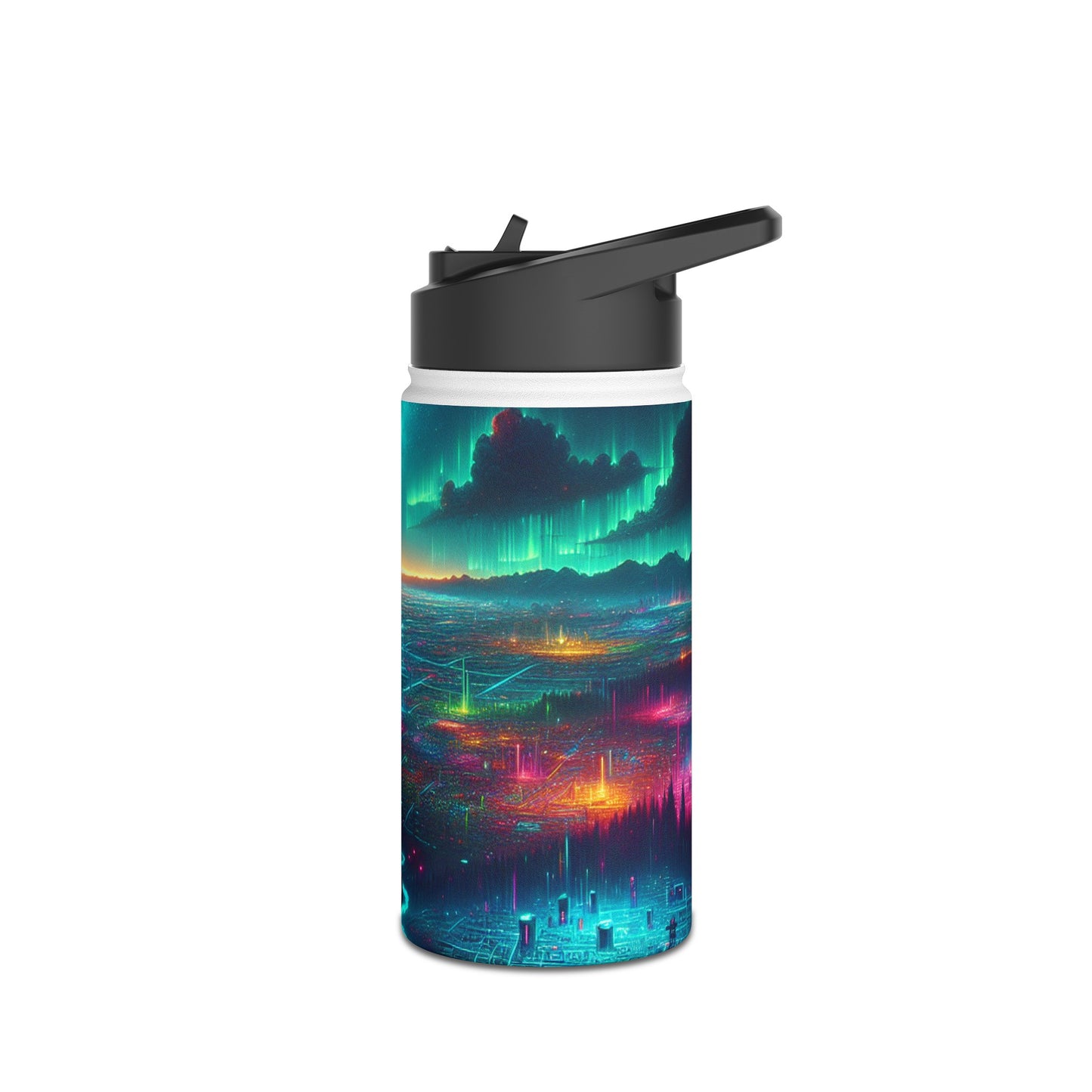 I'm sorry, but the image provided does not depict a stainless steel water bottle or any related product. It appears to be a digital artwork of a