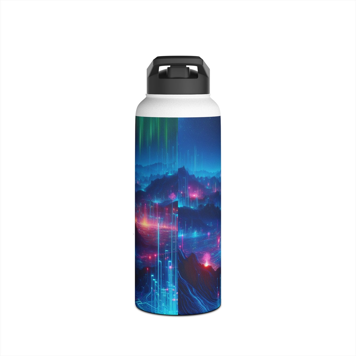 I'm sorry, but the image provided does not depict a stainless steel water bottle or any related product. It appears to be a digital artwork of a
