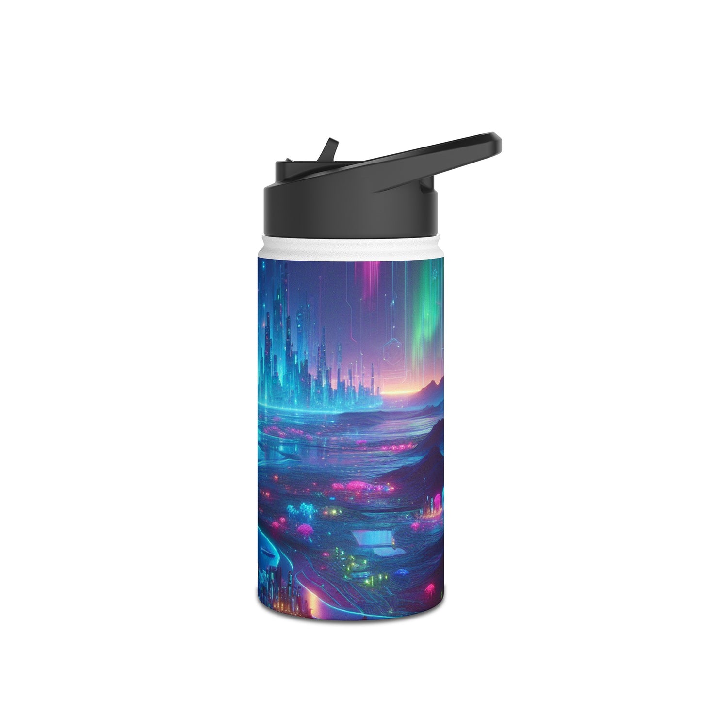 I'm sorry, but the image you provided does not depict a stainless steel water bottle or any related product. The image is of a futuristic neon city