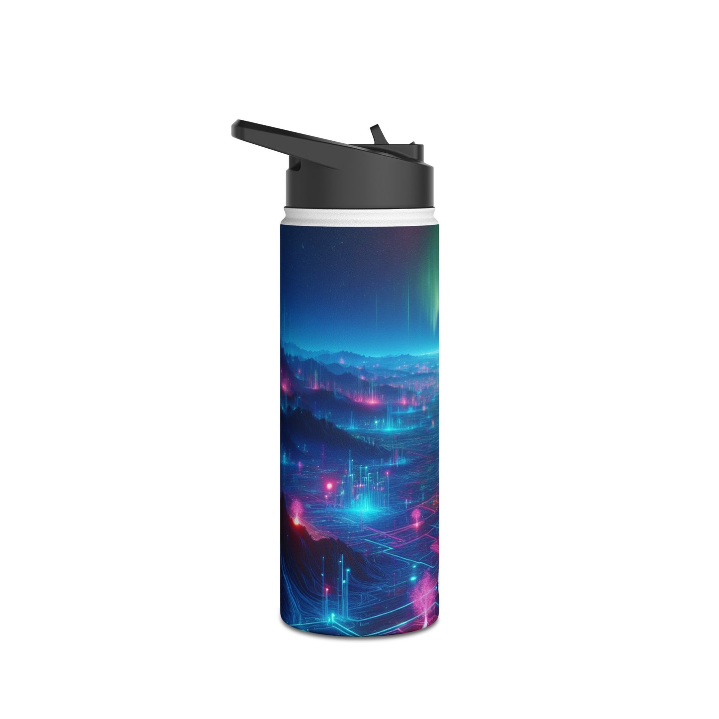 I'm sorry, but the image provided does not depict a stainless steel water bottle or any related product. It appears to be a digital artwork of a