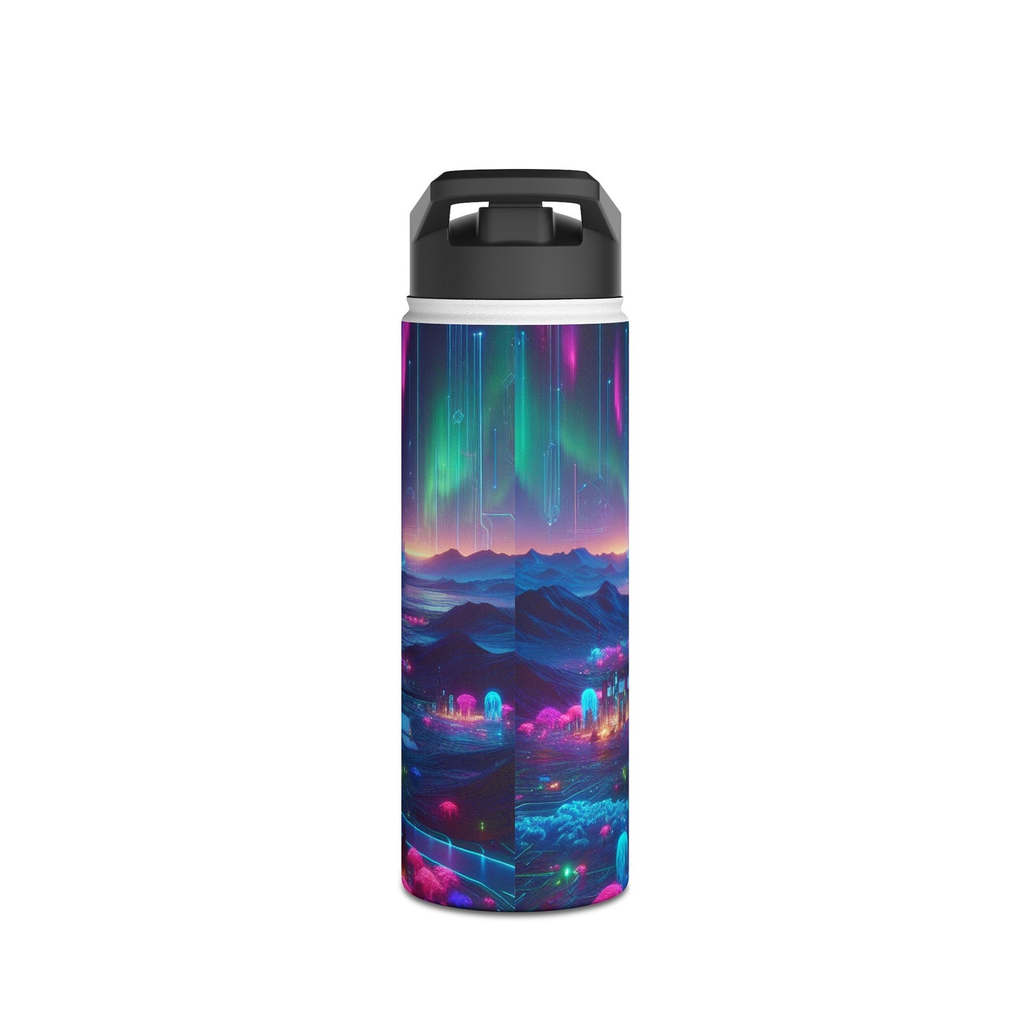 I'm sorry, but the image you provided does not depict a stainless steel water bottle or any related product. The image is of a futuristic neon city