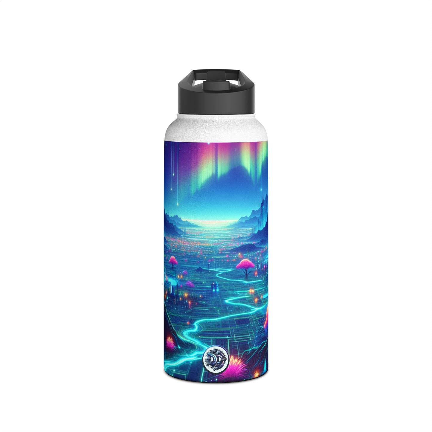 I'm sorry, but the image provided does not depict a stainless steel water bottle or any related product. It appears to be a vibrant digital artwork of