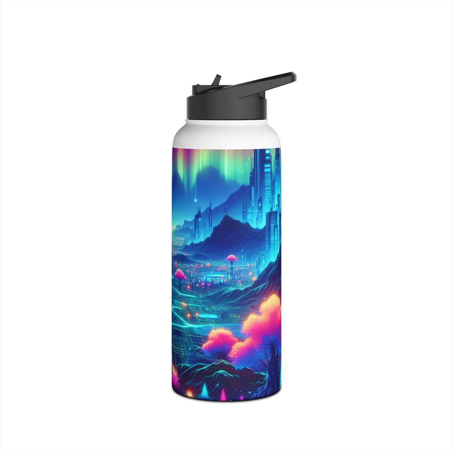 I'm sorry, but the image provided does not depict a stainless steel water bottle or any related product. It appears to be a vibrant digital artwork of
