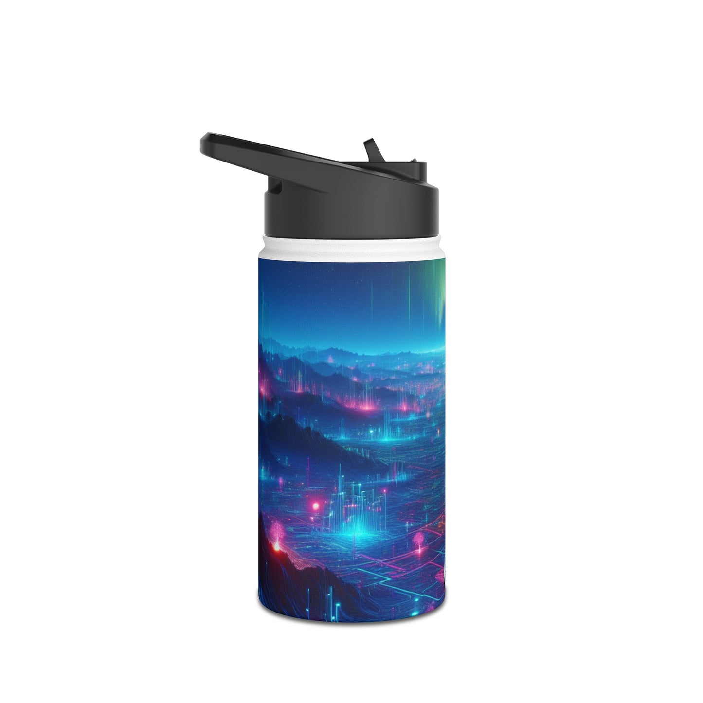 I'm sorry, but the image provided does not depict a stainless steel water bottle or any related product. It appears to be a digital artwork of a