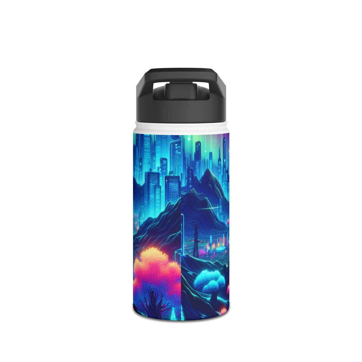 I'm sorry, but the image provided does not depict a stainless steel water bottle or any related product. It appears to be a vibrant digital artwork of