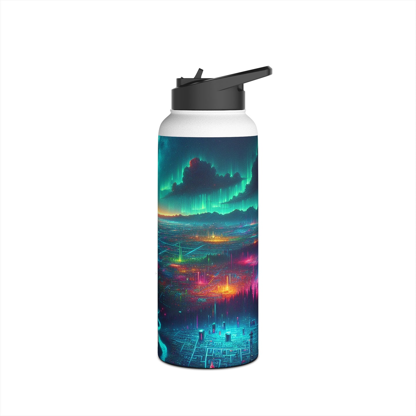 I'm sorry, but the image provided does not depict a stainless steel water bottle or any related product. It appears to be a digital artwork of a