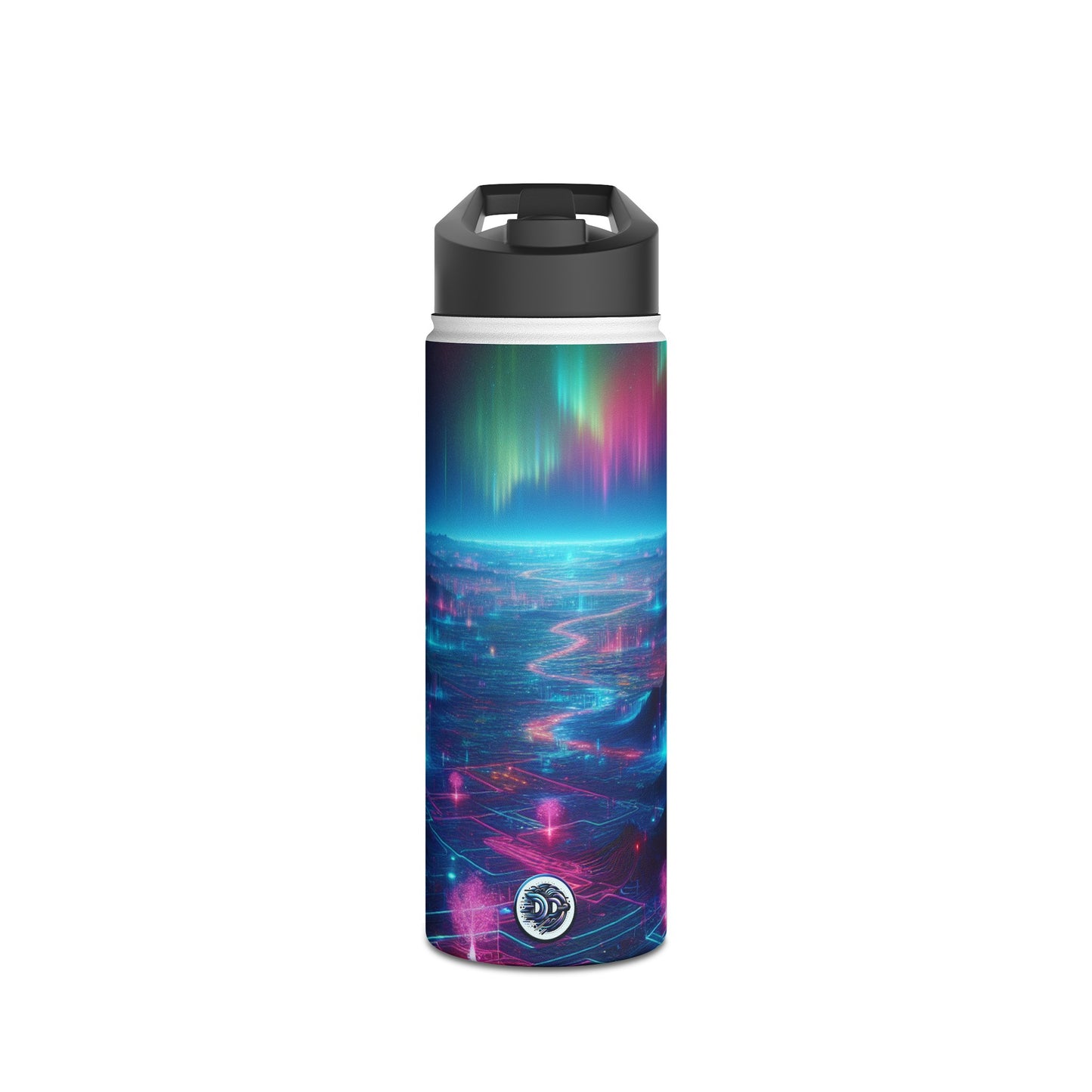 I'm sorry, but the image provided does not depict a stainless steel water bottle or any related product. It appears to be a digital artwork of a