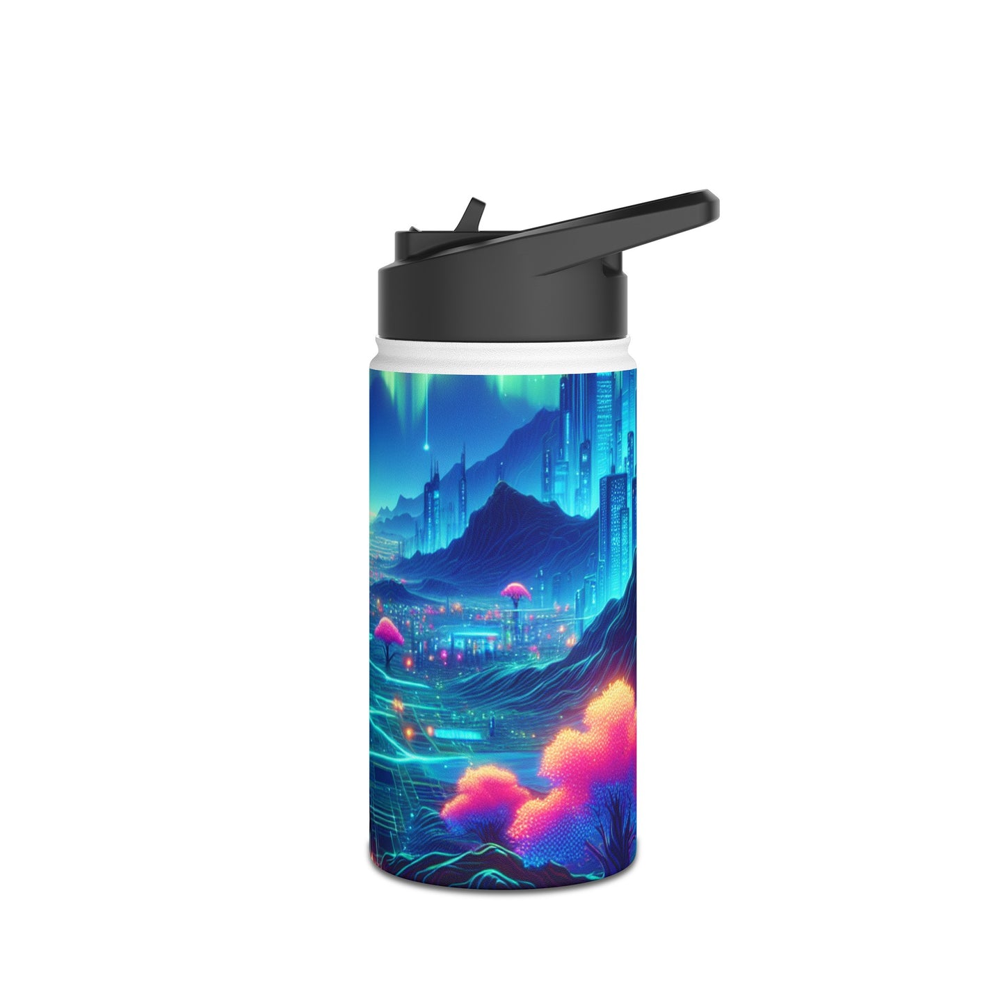 I'm sorry, but the image provided does not depict a stainless steel water bottle or any related product. It appears to be a vibrant digital artwork of