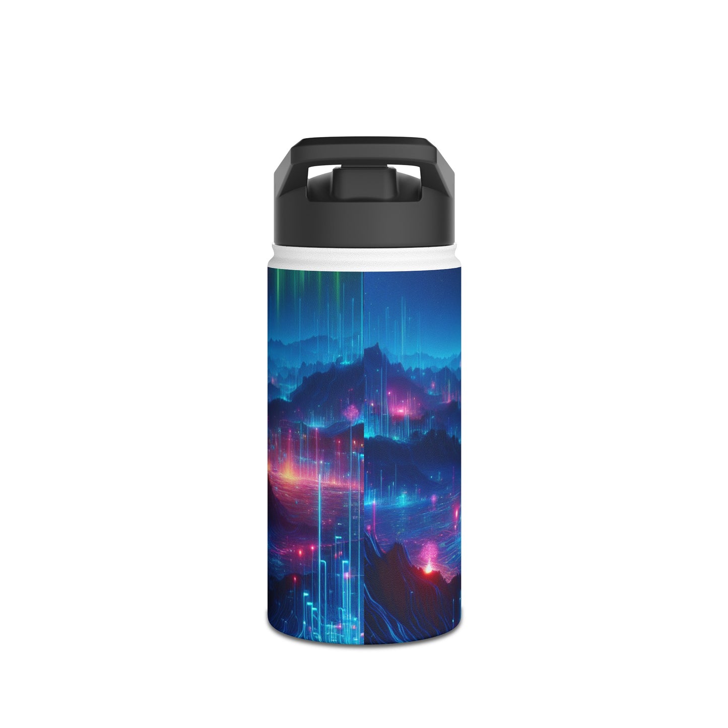 I'm sorry, but the image provided does not depict a stainless steel water bottle or any related product. It appears to be a digital artwork of a