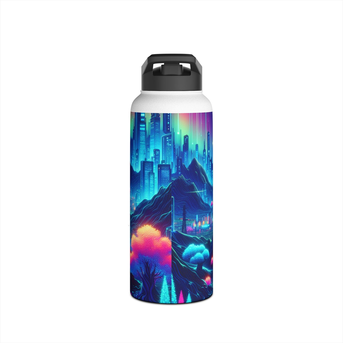 I'm sorry, but the image provided does not depict a stainless steel water bottle or any related product. It appears to be a vibrant digital artwork of