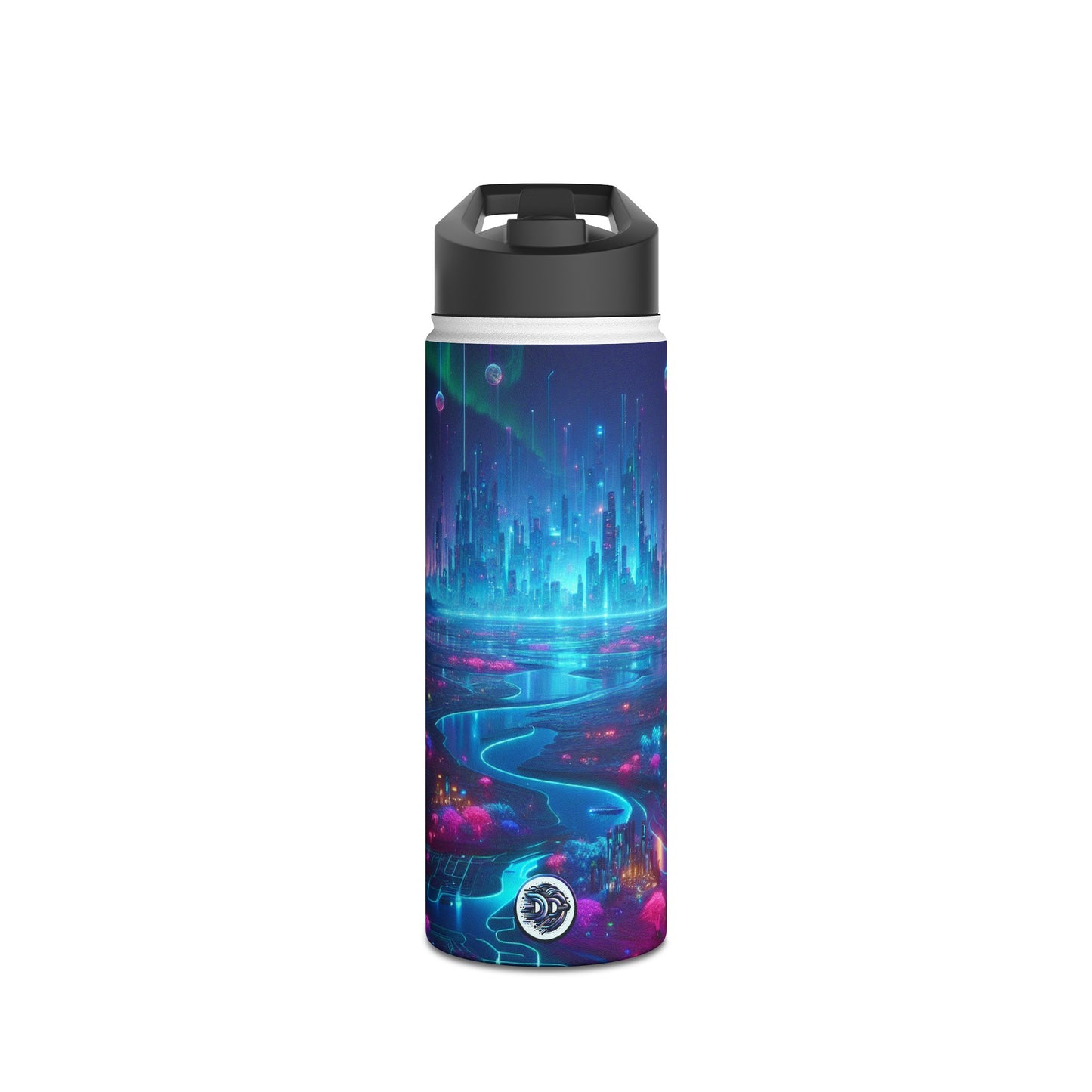 I'm sorry, but the image you provided does not depict a stainless steel water bottle or any related product. The image is of a futuristic neon city