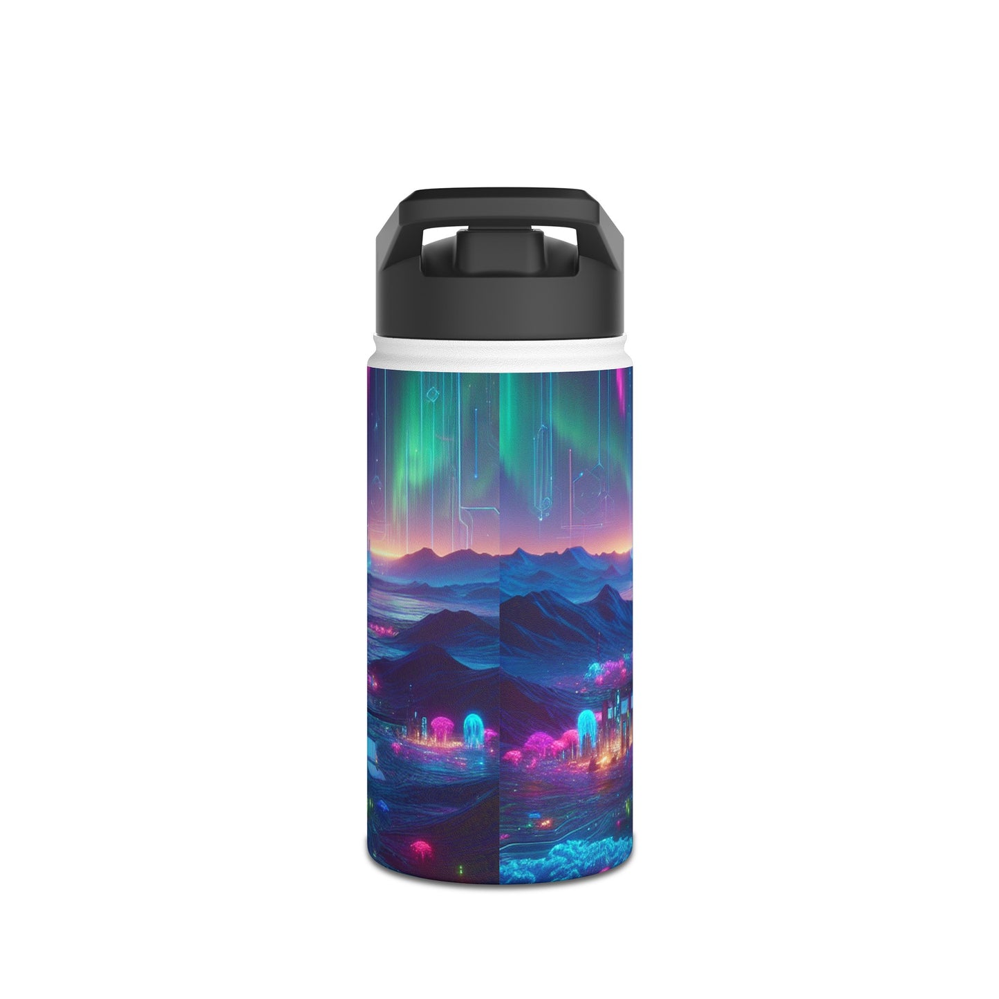 I'm sorry, but the image you provided does not depict a stainless steel water bottle or any related product. The image is of a futuristic neon city
