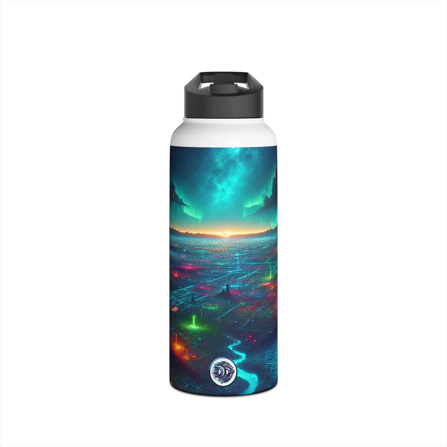 I'm sorry, but the image provided does not depict a stainless steel water bottle or any related product. It appears to be a digital artwork of a