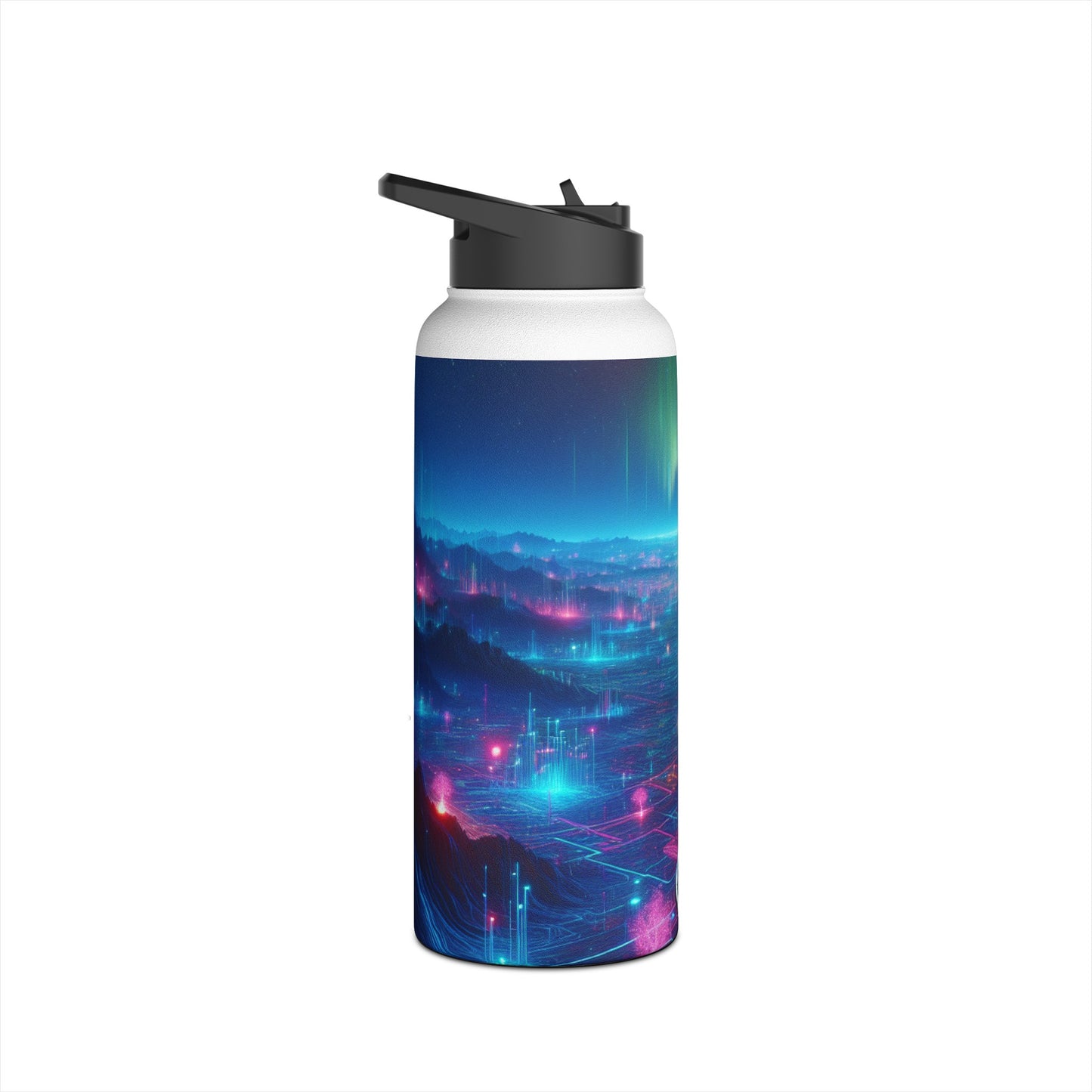 I'm sorry, but the image provided does not depict a stainless steel water bottle or any related product. It appears to be a digital artwork of a