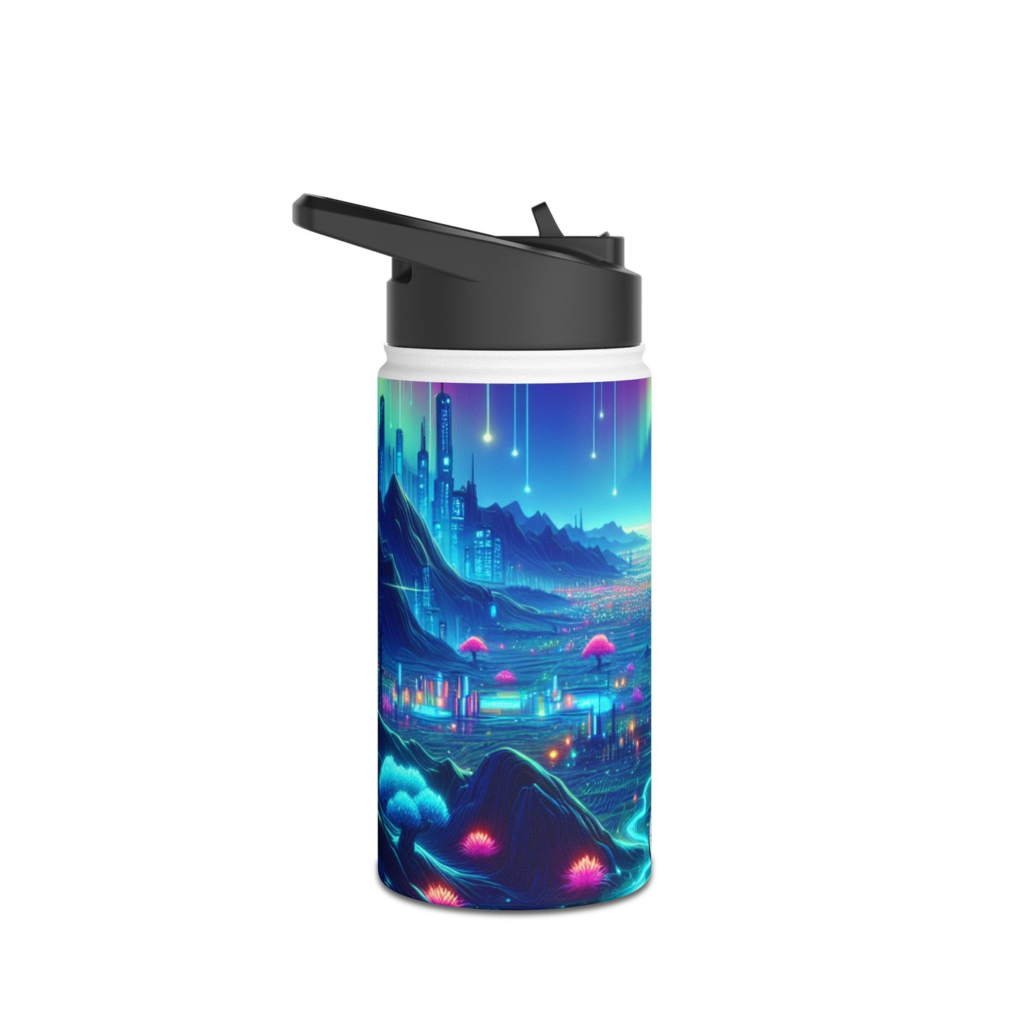 I'm sorry, but the image provided does not depict a stainless steel water bottle or any related product. It appears to be a vibrant digital artwork of