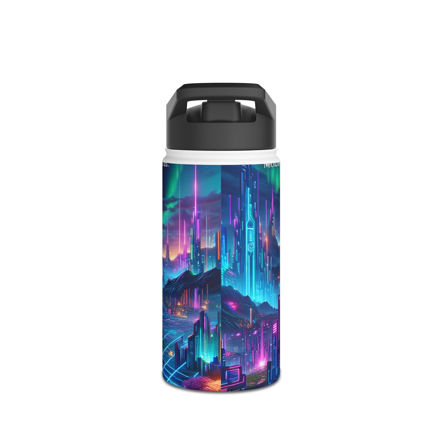 I'm sorry, but it seems there has been a misunderstanding. The image provided is not of a stainless steel water bottle, but rather a digital artwork