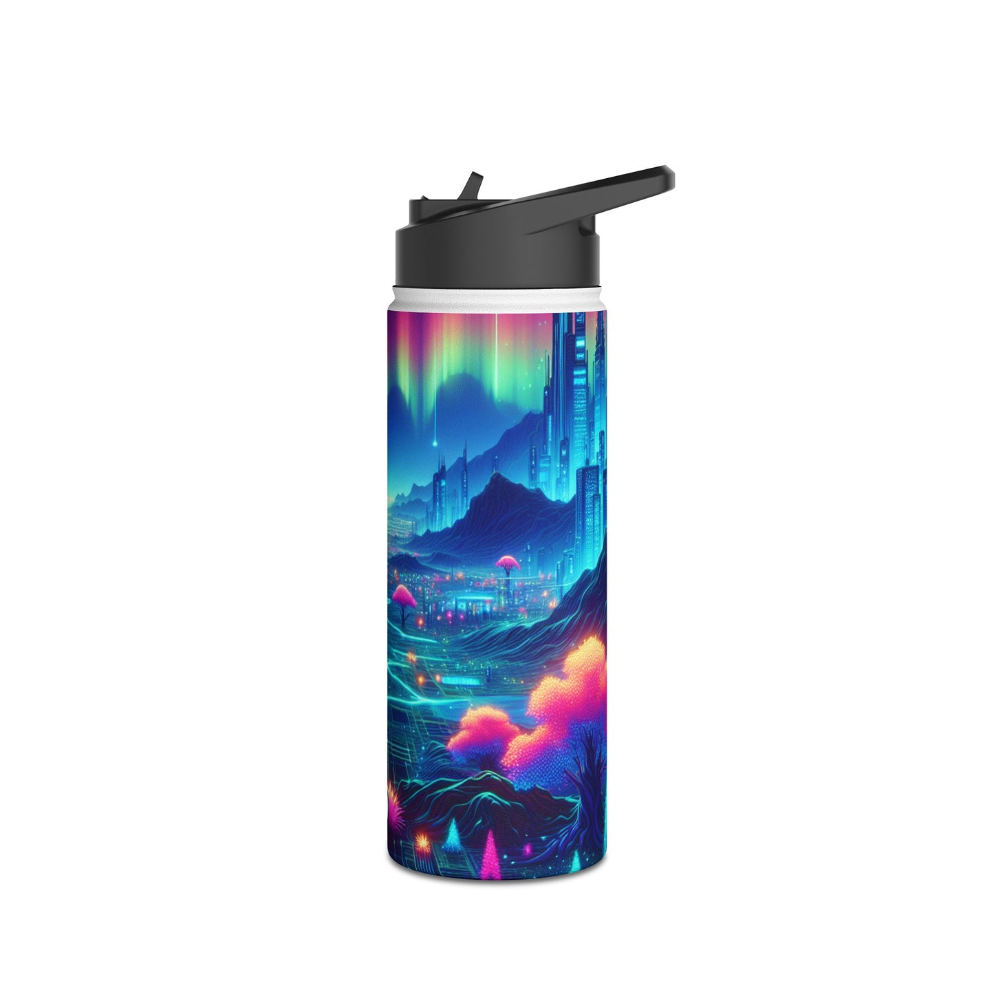 I'm sorry, but the image provided does not depict a stainless steel water bottle or any related product. It appears to be a vibrant digital artwork of