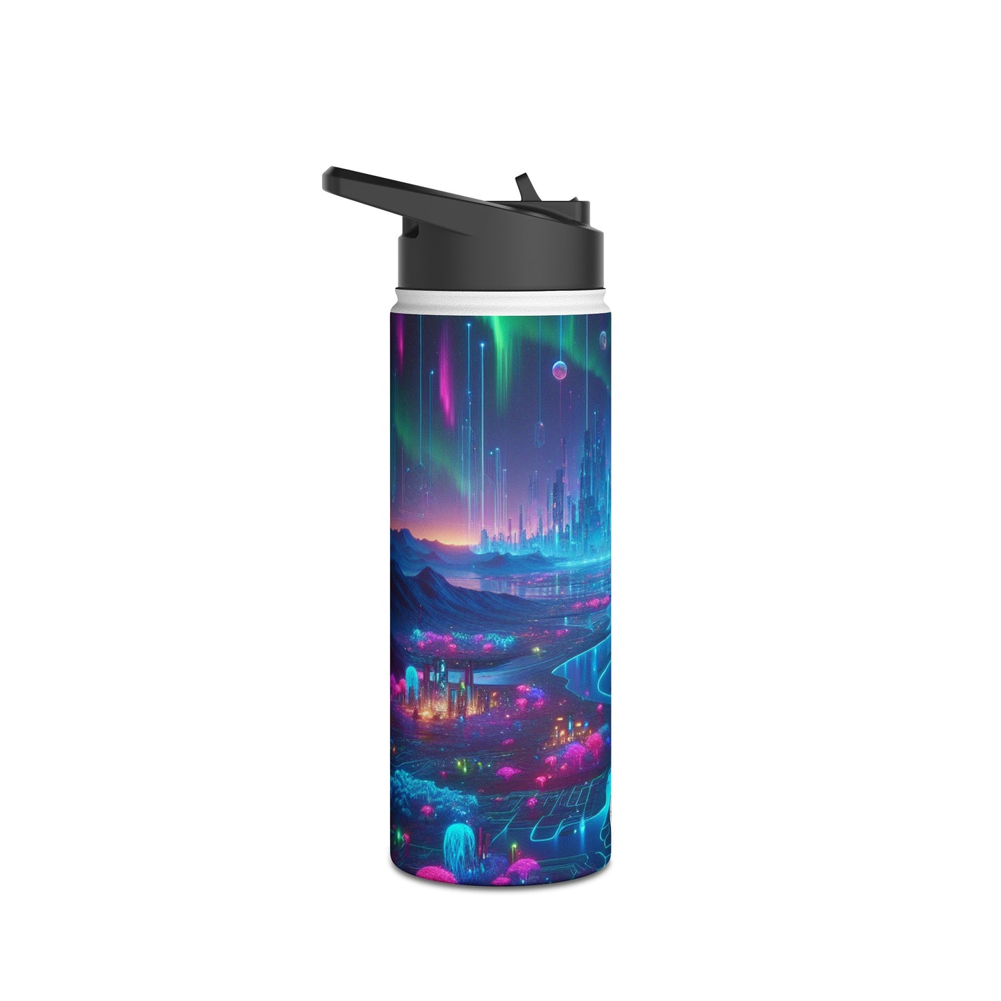 I'm sorry, but the image you provided does not depict a stainless steel water bottle or any related product. The image is of a futuristic neon city