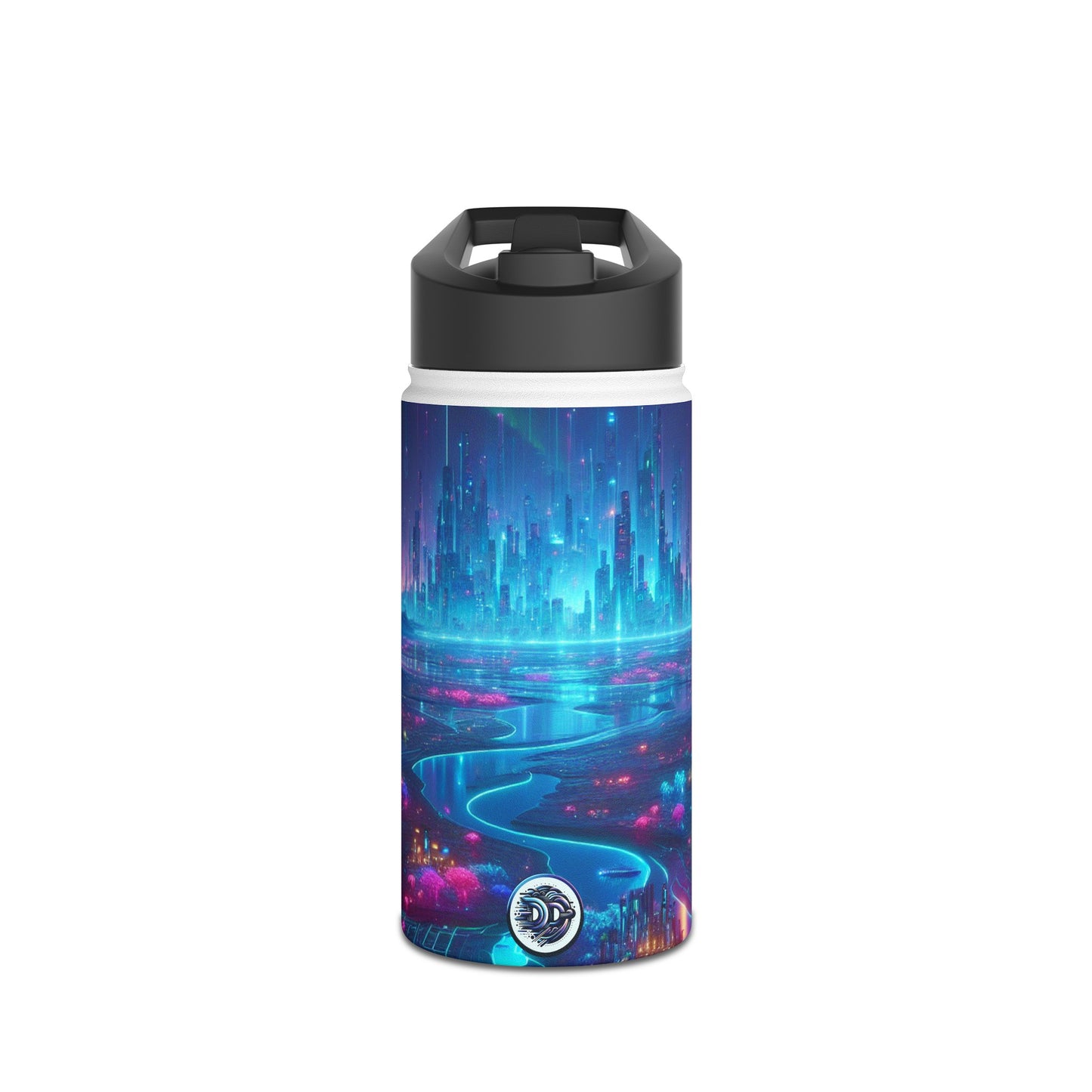 I'm sorry, but the image you provided does not depict a stainless steel water bottle or any related product. The image is of a futuristic neon city