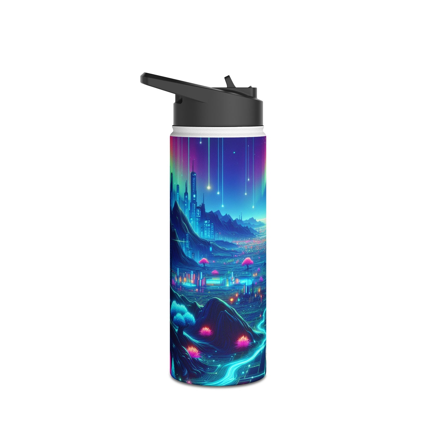 I'm sorry, but the image provided does not depict a stainless steel water bottle or any related product. It appears to be a vibrant digital artwork of
