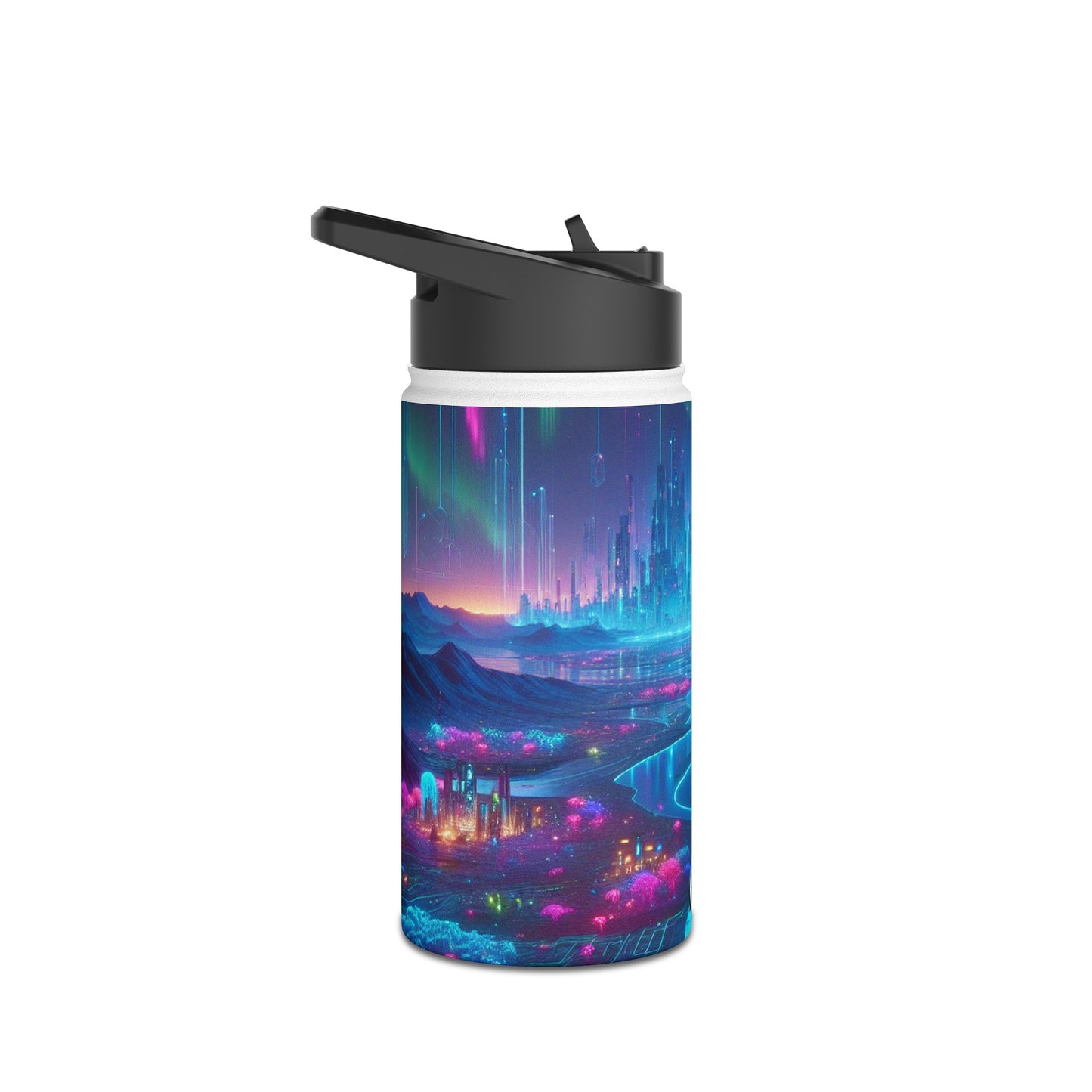 I'm sorry, but the image you provided does not depict a stainless steel water bottle or any related product. The image is of a futuristic neon city