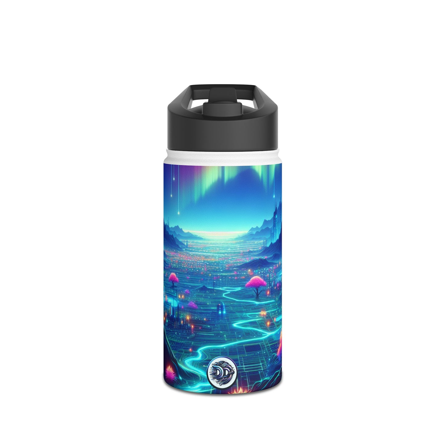 I'm sorry, but the image provided does not depict a stainless steel water bottle or any related product. It appears to be a vibrant digital artwork of