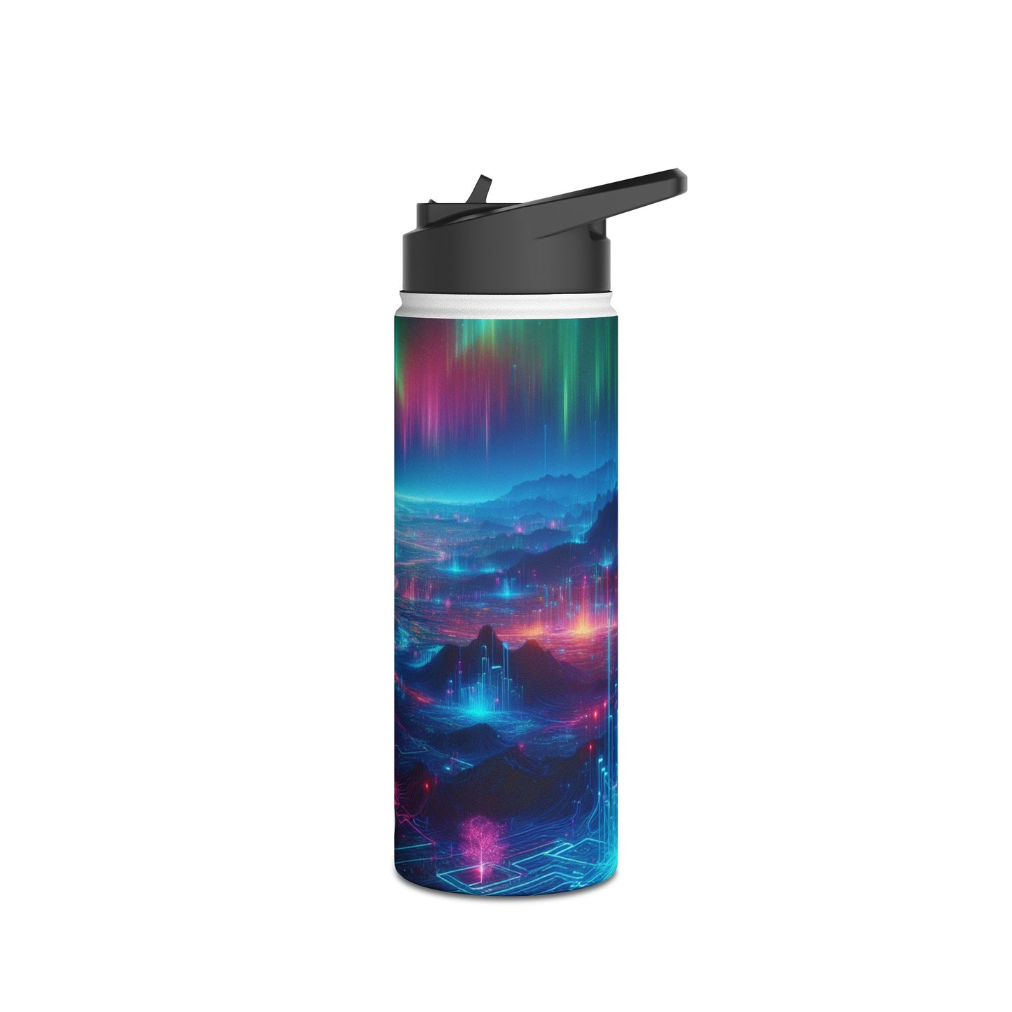 I'm sorry, but the image provided does not depict a stainless steel water bottle or any related product. It appears to be a digital artwork of a
