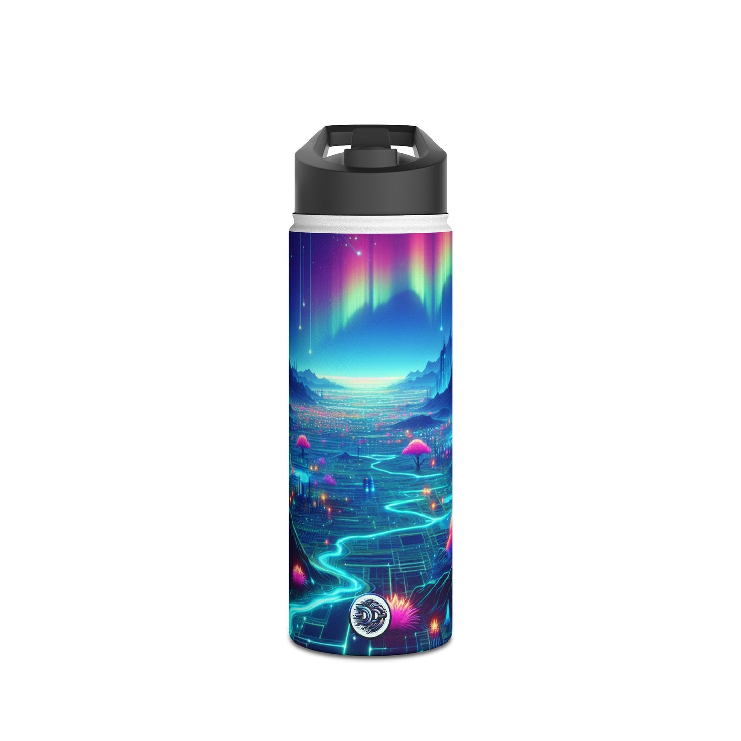 I'm sorry, but the image provided does not depict a stainless steel water bottle or any related product. It appears to be a vibrant digital artwork of