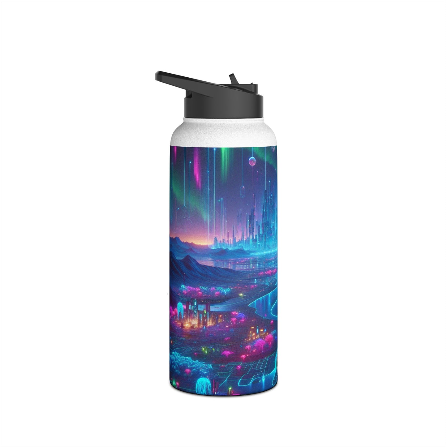 I'm sorry, but the image you provided does not depict a stainless steel water bottle or any related product. The image is of a futuristic neon city