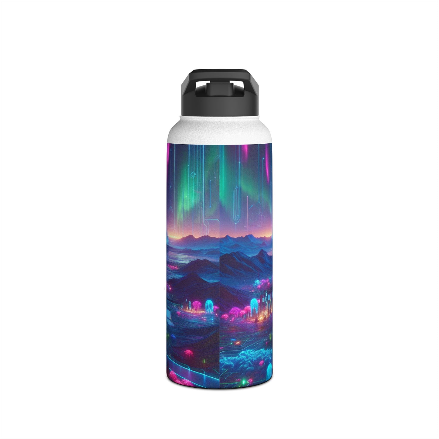I'm sorry, but the image you provided does not depict a stainless steel water bottle or any related product. The image is of a futuristic neon city