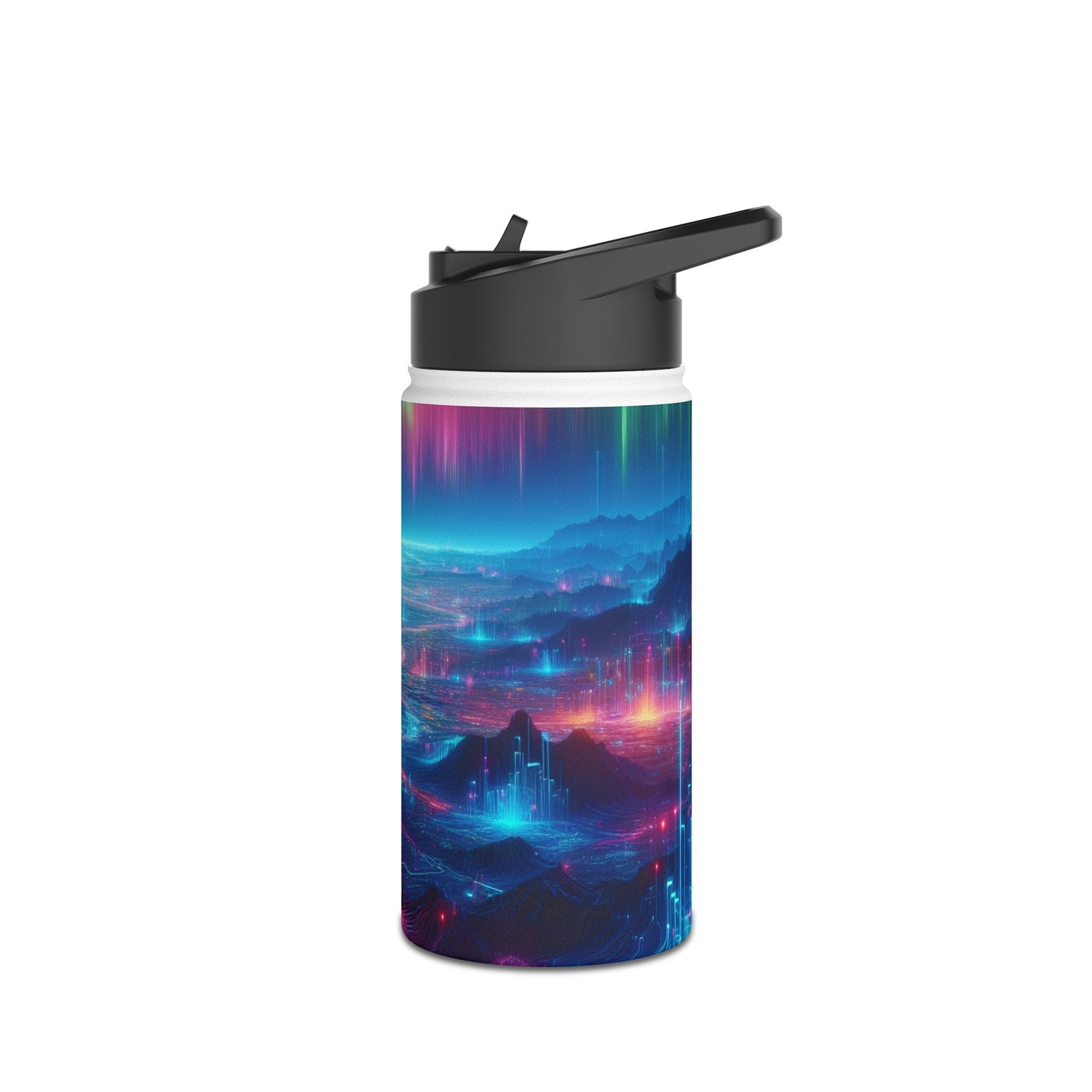 I'm sorry, but the image provided does not depict a stainless steel water bottle or any related product. It appears to be a digital artwork of a
