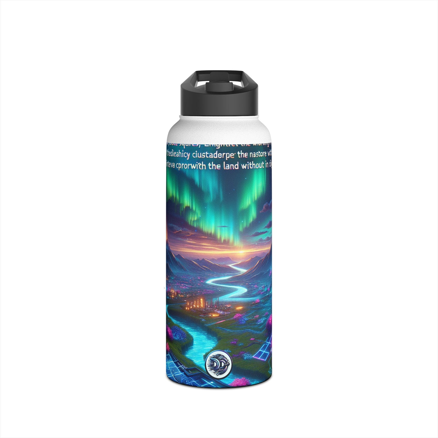 I'm sorry, but it seems there has been a misunderstanding. The image provided is not of a stainless steel water bottle, but rather a digital artwork