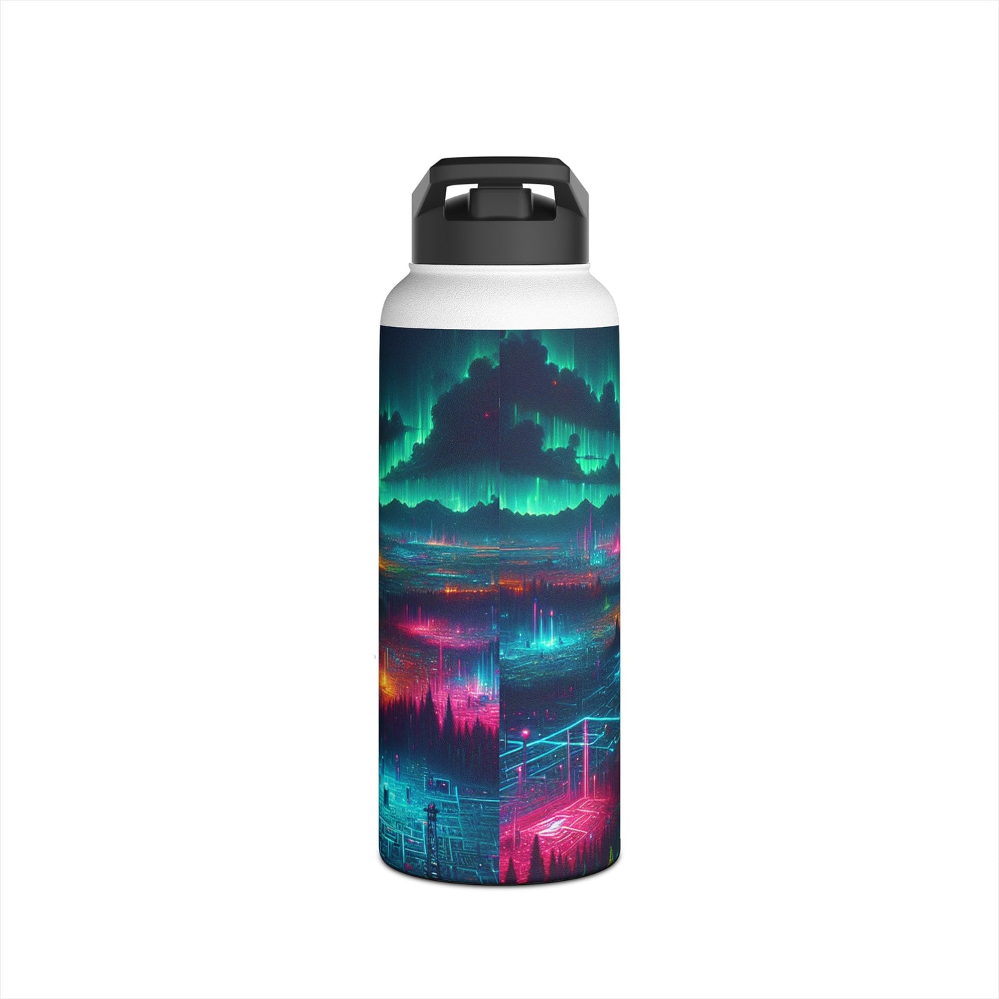 I'm sorry, but the image provided does not depict a stainless steel water bottle or any related product. It appears to be a digital artwork of a